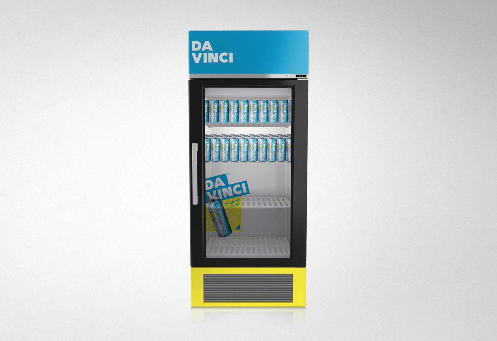 Branded DaVinci Energy Drink cooler showing beverage branding