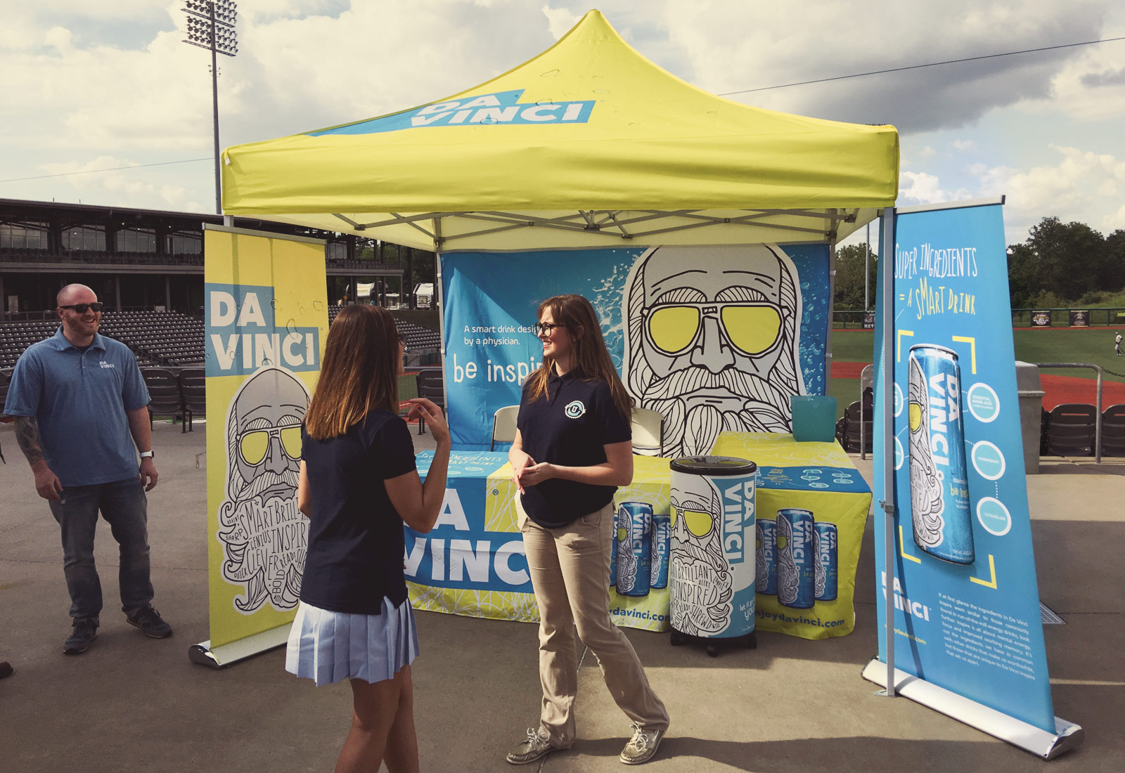 DaVinci Energy Drink branded event booth demonstrating beverage branding
