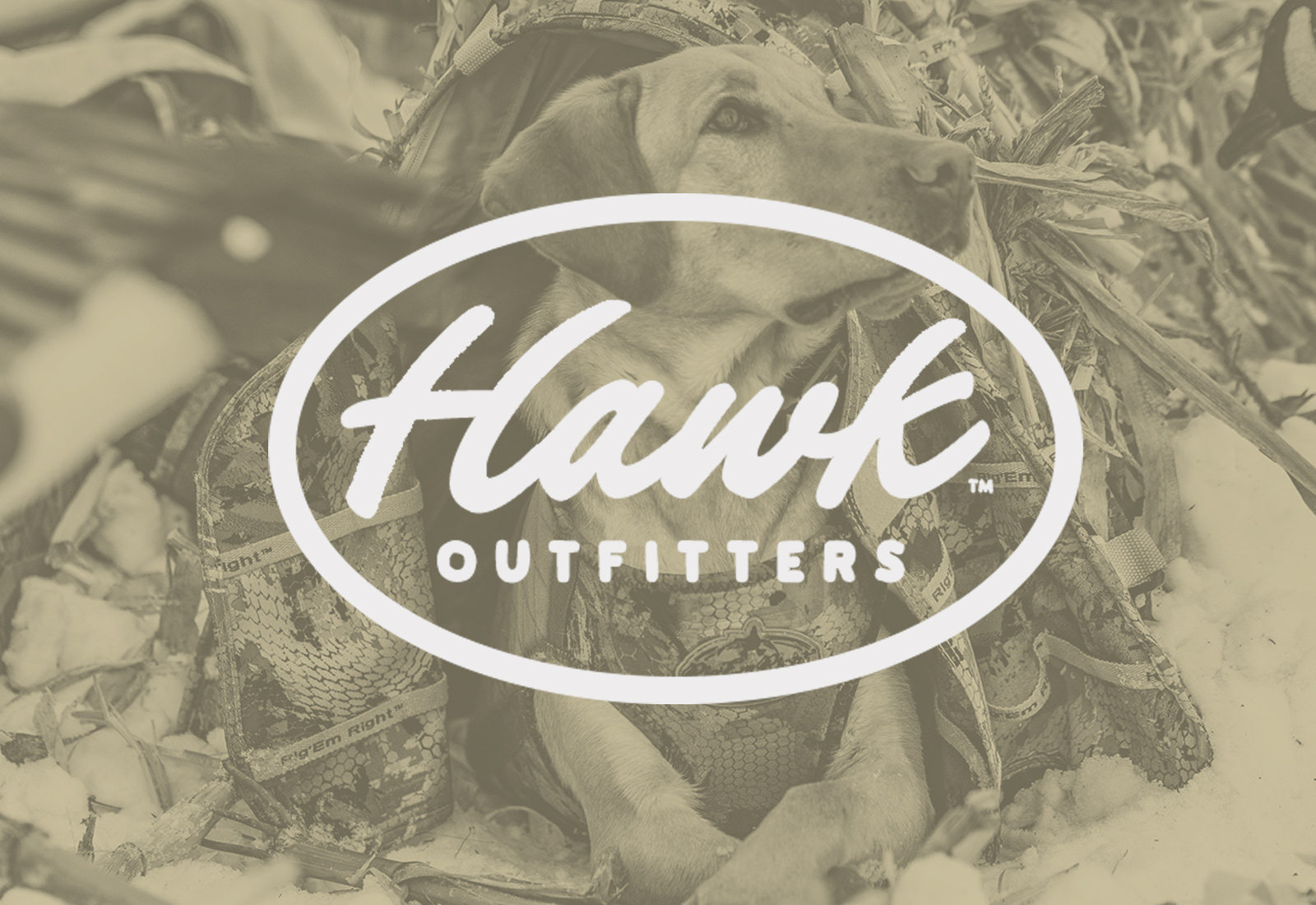 Hawk Outfitters Co. logo over hunting dog in camouflage