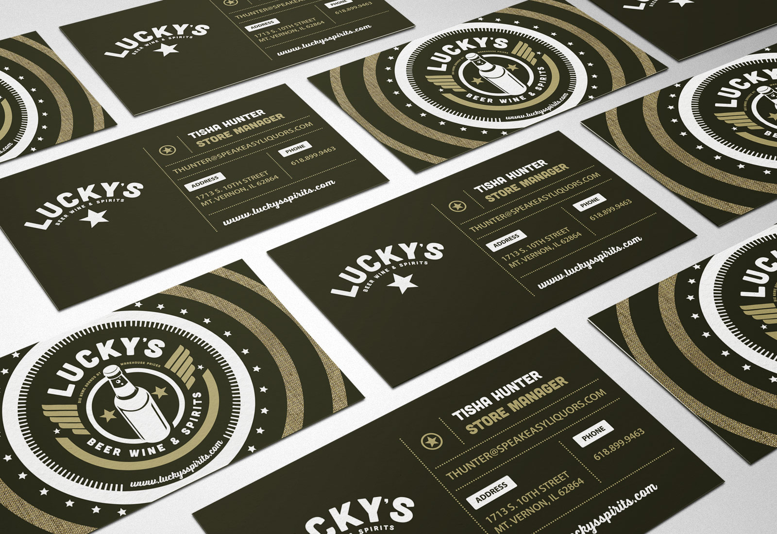 Luckys Liquors business cards demonstrating retail interior design and branding