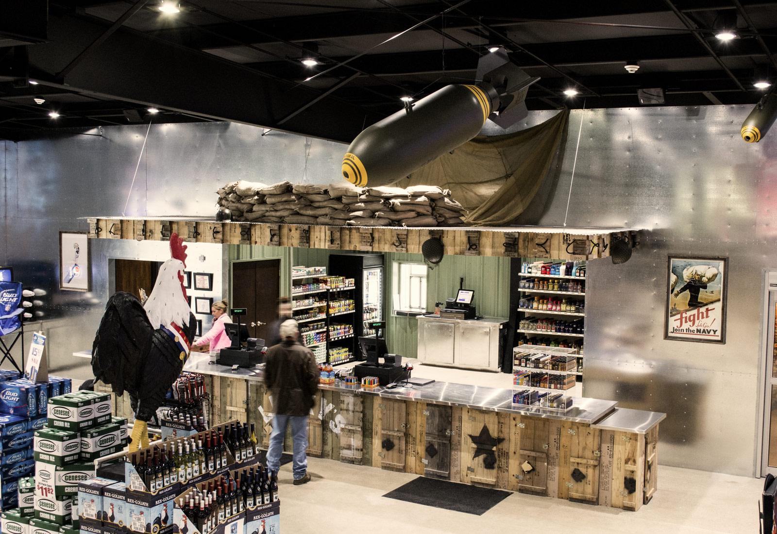 Luckys Liquors WW2-themed interior showcasing retail interior design
