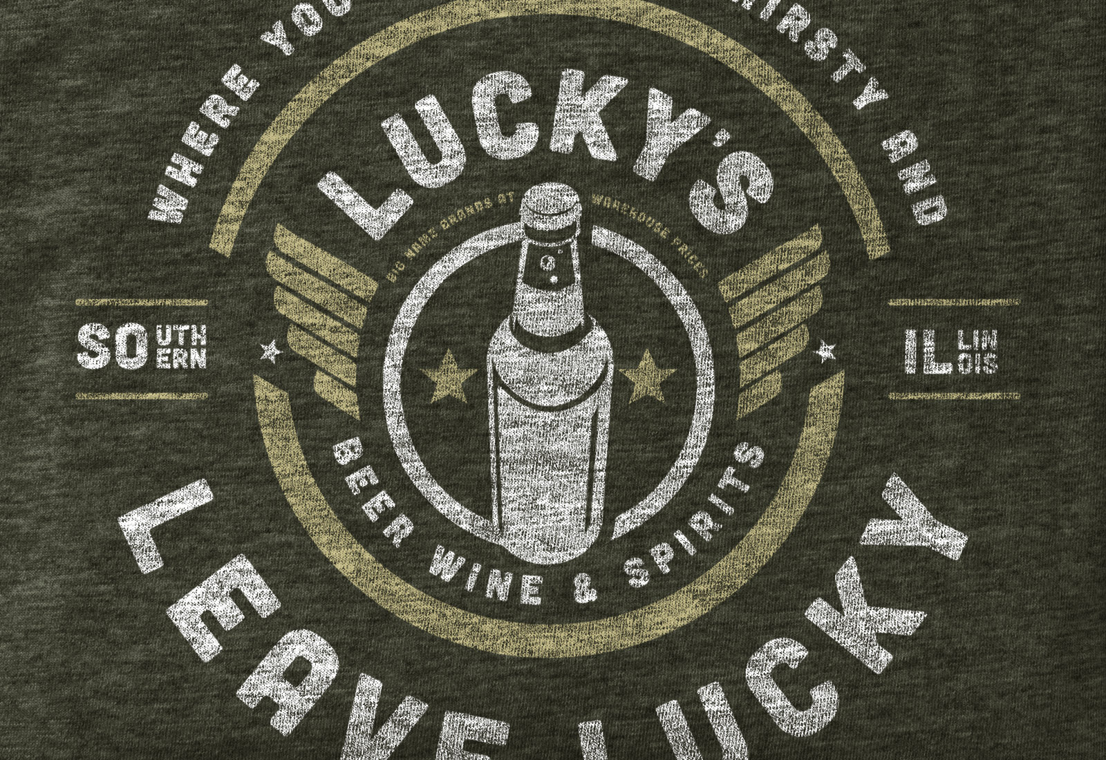 Luckys Liquors branded t-shirt demonstrating retail interior design