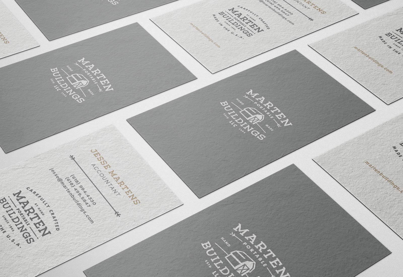 Business card design for Marten Portable Buildings showcasing shed company branding