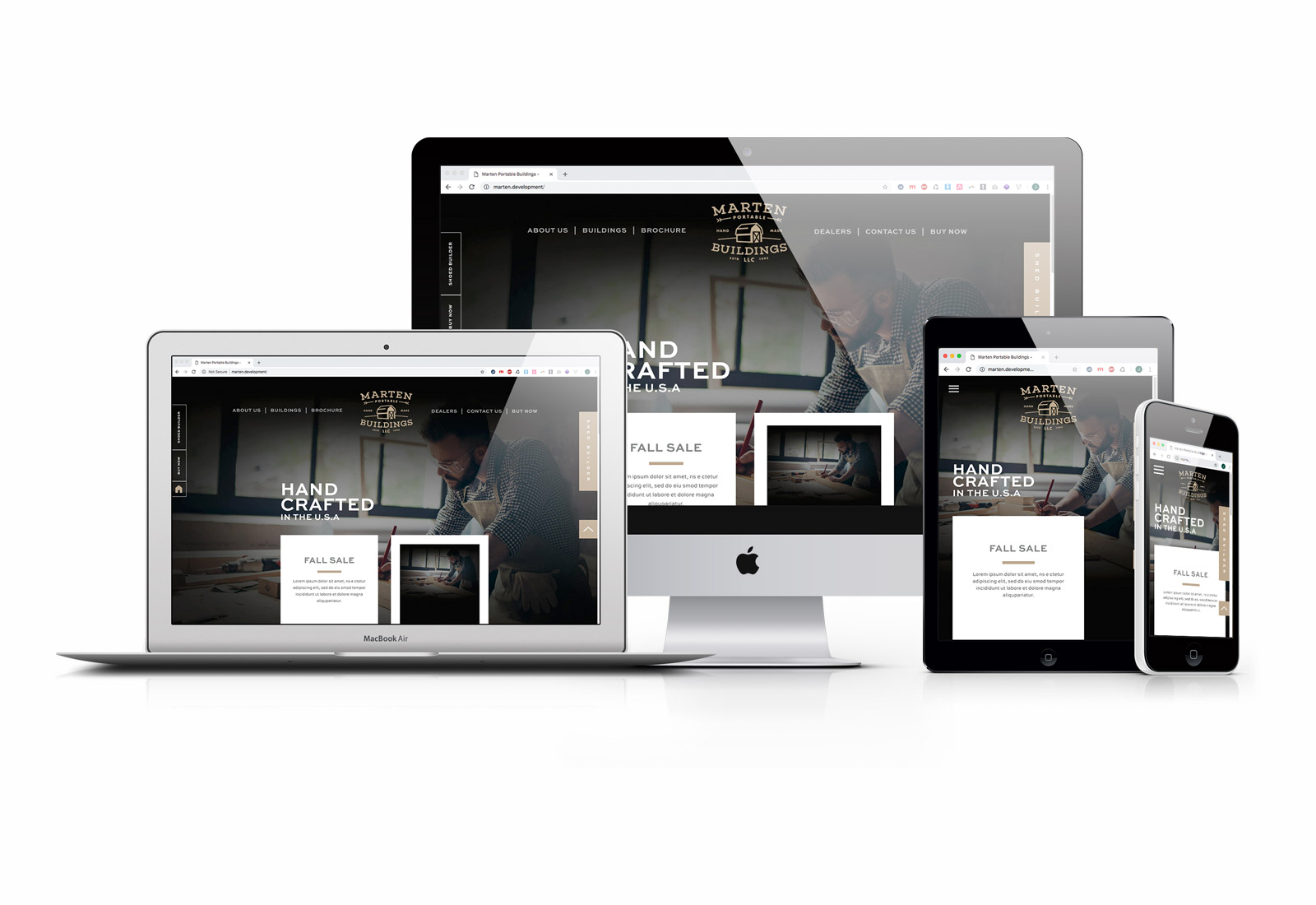Responsive website design for Marten Portable Buildings showcasing shed company branding