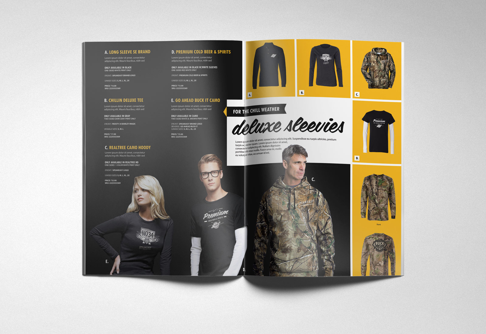 Speakeasy Liquors merchandise catalog highlighting retail branding