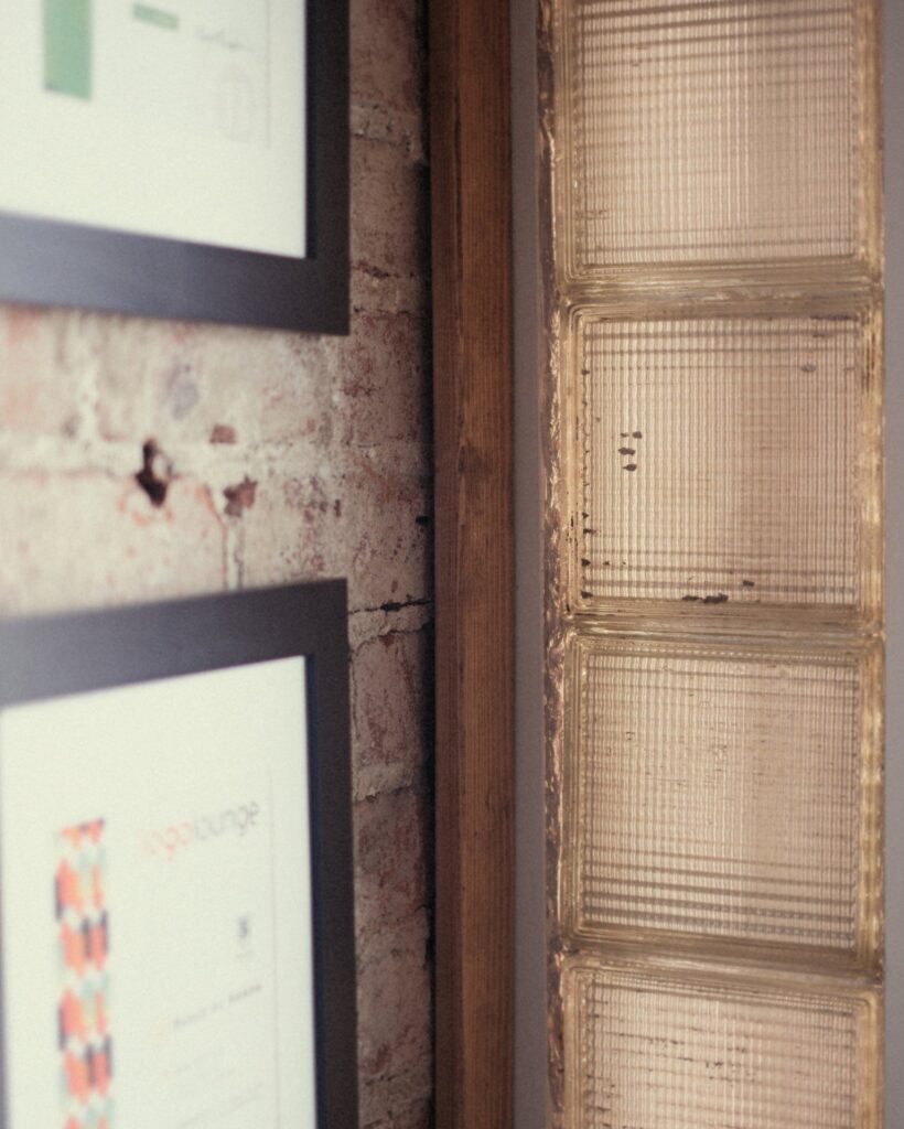 Vintage glass blocks line a few of our walls in the office