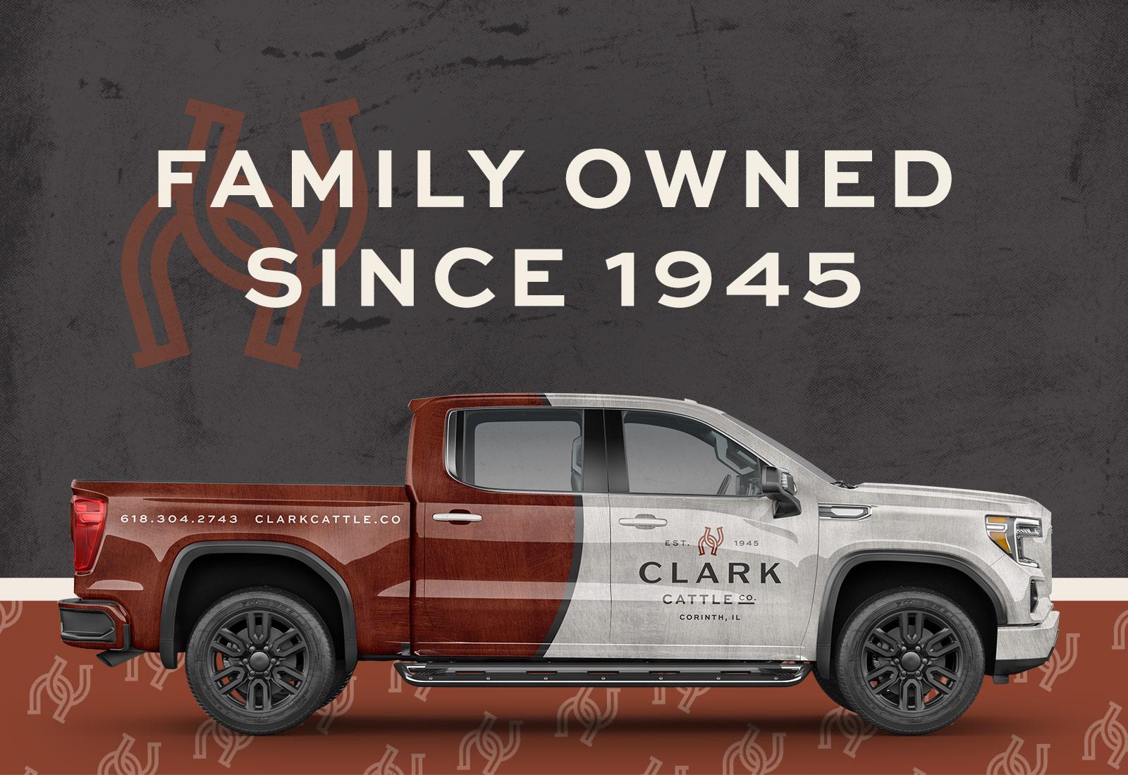 Clark Cattle Co. logo and tagline on custom truck wrap demonstrating farm branding and website design