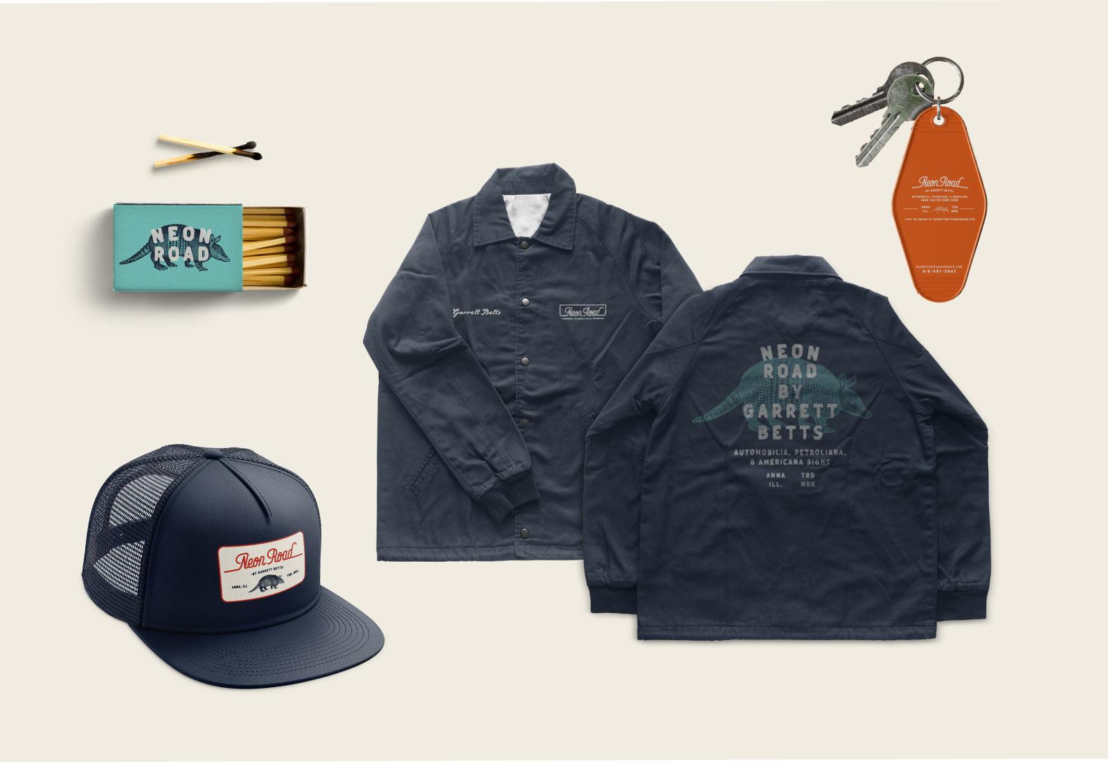 Neon Road merchandise branding: shirts, hat, key chain, matchbox