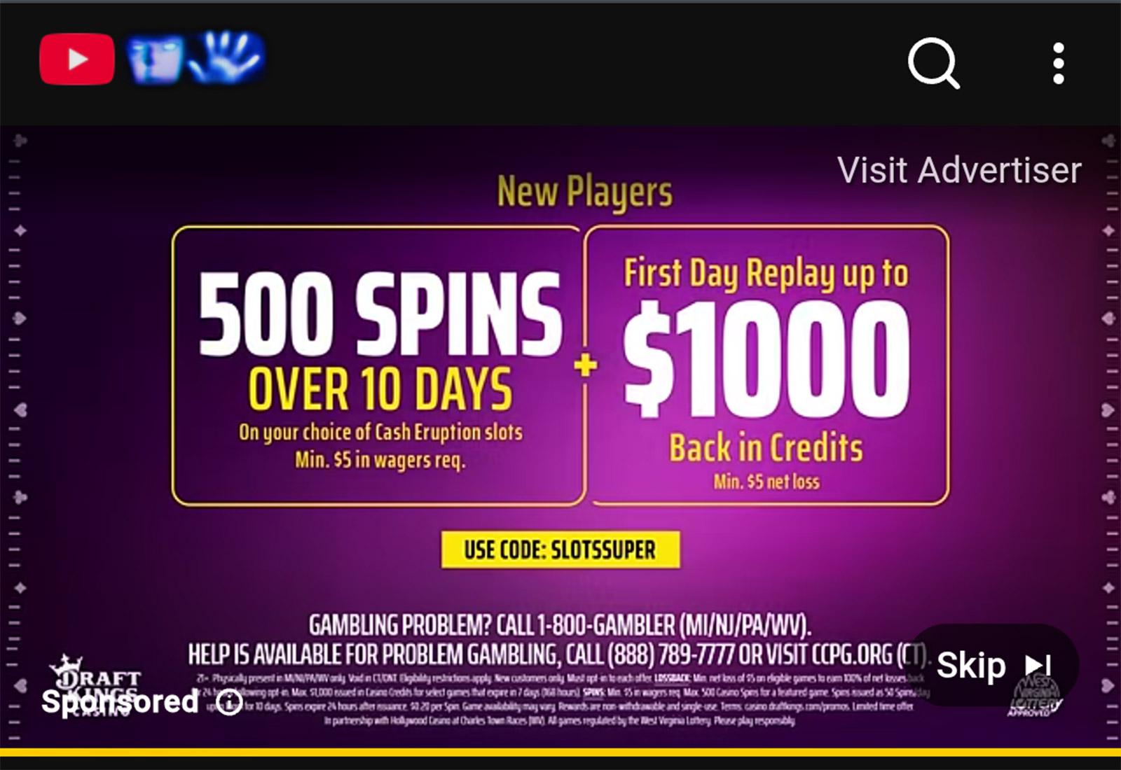 A screenshot of one of Draft Kings's digital ads on YouTube